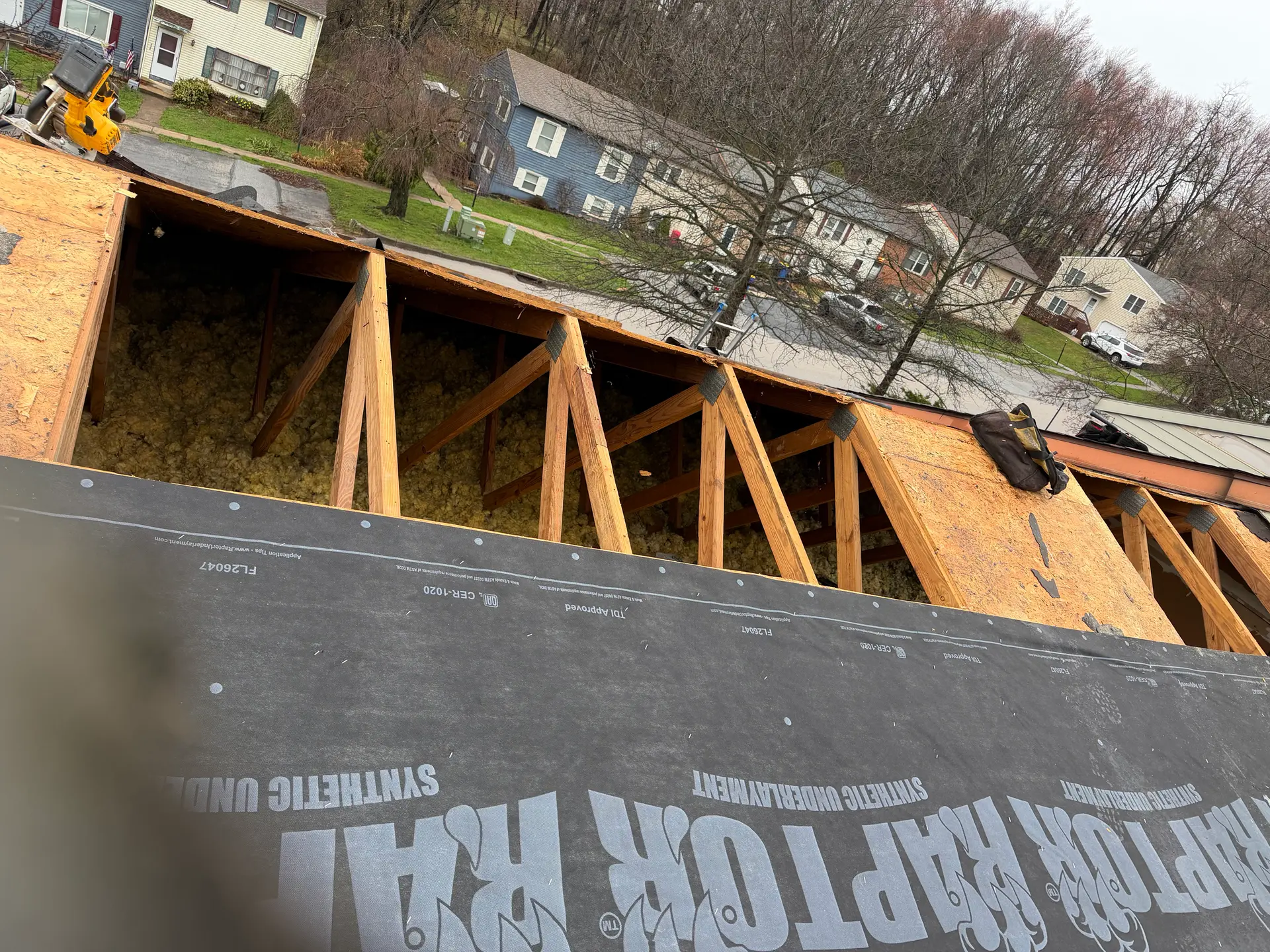 Synthetic underlayment and new roof decking installed by Quietstorm Exteriors in Lancaster, PA